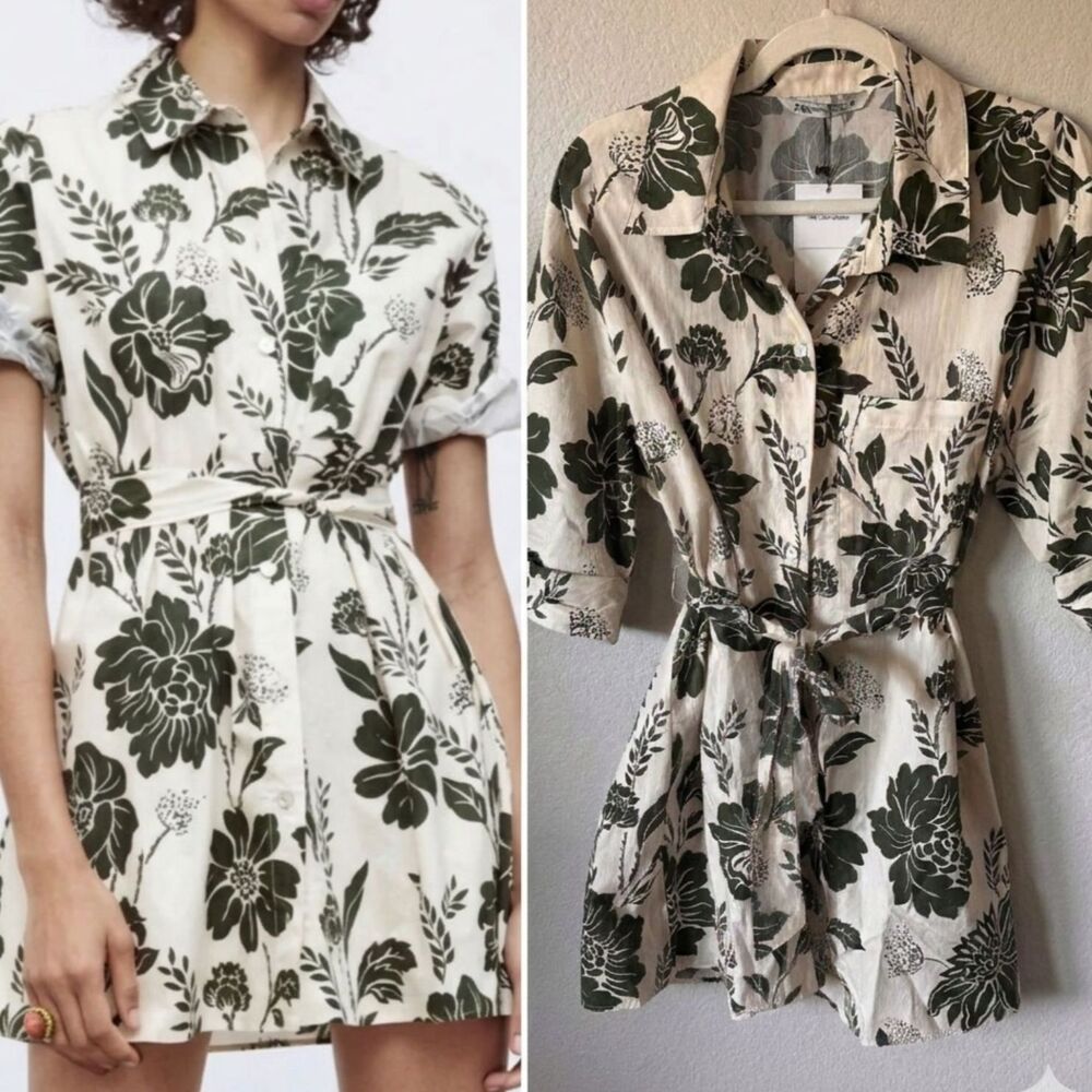NWT Zara The Lory Dress Coastal Cotton Mini Shirt Dress Green Cream Size XXL